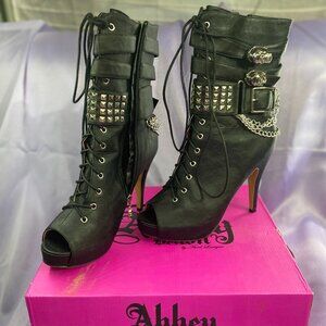 Abbey Dawn - Black Studded - Peep Toe Boots - Size 11